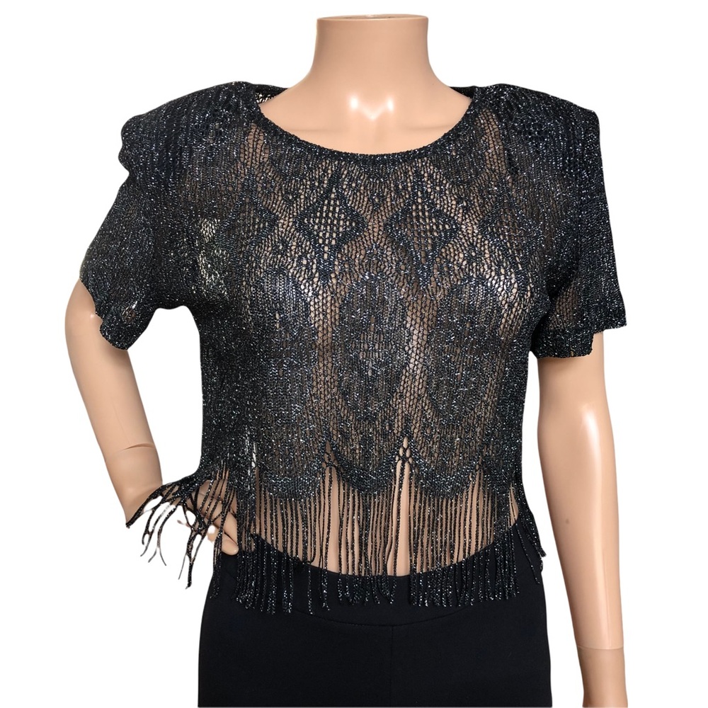 Vintage Dress Barn Black Lace Crop Fringe Blouse 8 - Picture 8 of 8